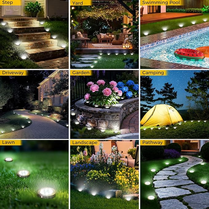6 Pack Solar Ground Lights Outdoor, 8 LED Mini Flat Solar Disc Lights, IP65 - Image 6