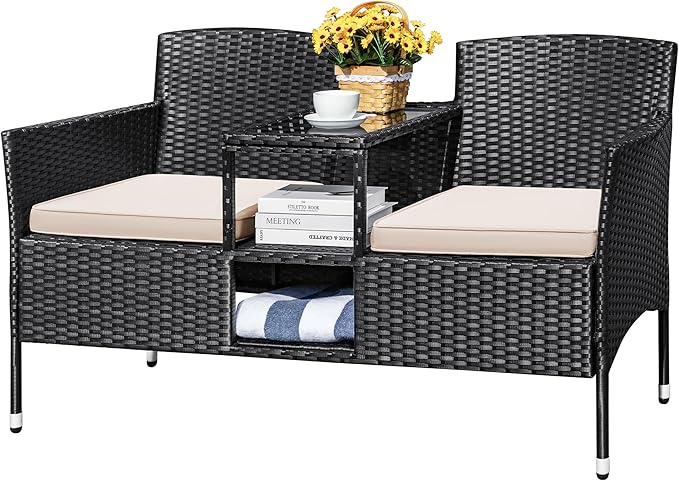 Devoko Outdoor Patio Loveseat Modern Rattan 2-Seat Patio Conversation Set by DEVOKO