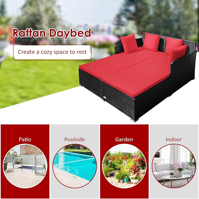 COSTWAY Outdoor Patio Rattan Daybed, Sponge Cushioned Loveseat Sofa - Image 9