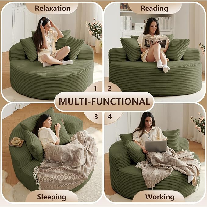 Oversized Round Chair Lounge Chaise Indoor, Upholstered Corduroy Deep Seat - Image 4