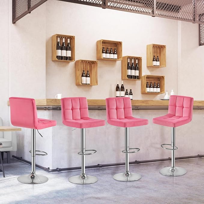 Yaheetech Pink Velvet Bar Stools, Adjustable Barstools Set of 4, Armless Swivel - Image 9