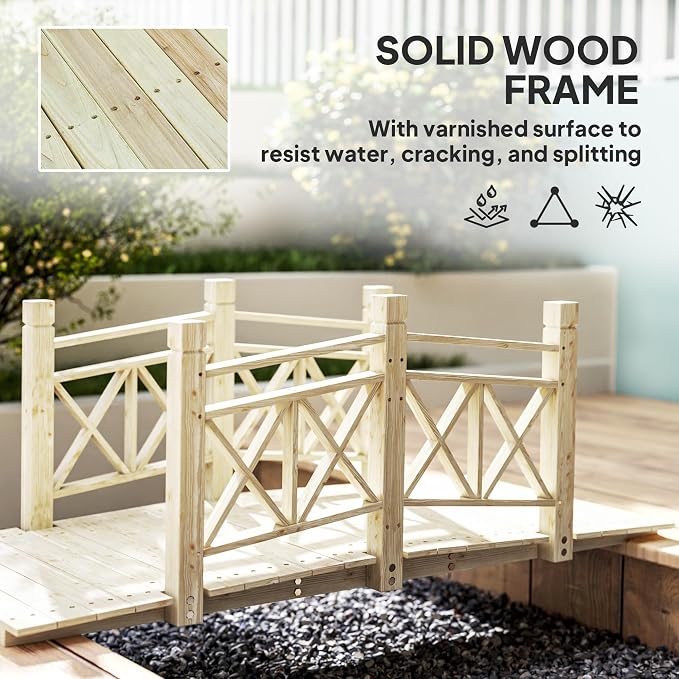 5FT Wooden Garden Bridge with Handrails, Decorative Landscape Footbridge - Image 4