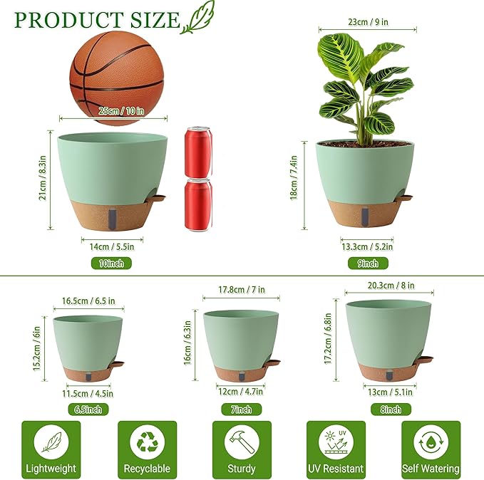 Self Watering Pots for Inoor Ourdoor Plants 10/9/8/7/6.5 Inch Plastic Planters - Image 3