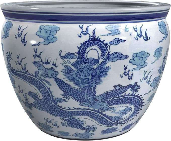 Red Lantern 18" Dragon Blue & White Porcelain Fishbowl by RedLantern