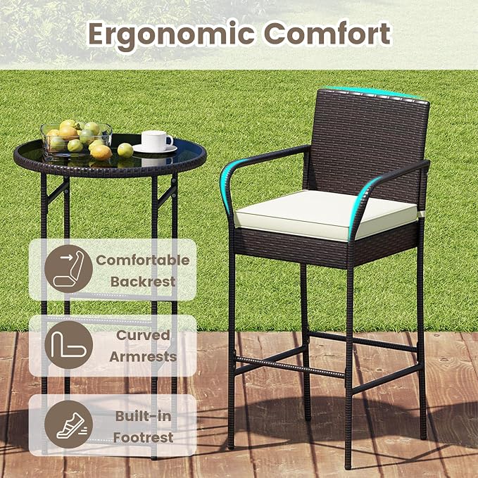 Tangkula 3 Piece Outdoor Bar Set, Patio Rattan Heavy Duty Bar Height Glass Top - Image 6