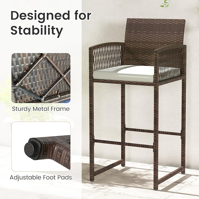 Tangkula Patio Bar Stools Set of 4, PE Rattan Bar Height Chairs - Image 4
