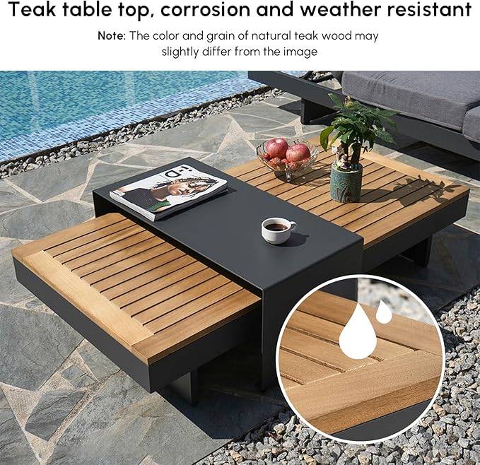 homary Outdoor Conversation Sets, 6 Piece Aluminum & Teak Patio Sectional Sofa - Image 7
