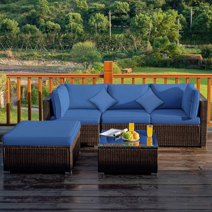 Tangkula 5 Pieces Patio Rattan Furniture Set, Outdoor Sectional Rattan Sofa Set - Image 2