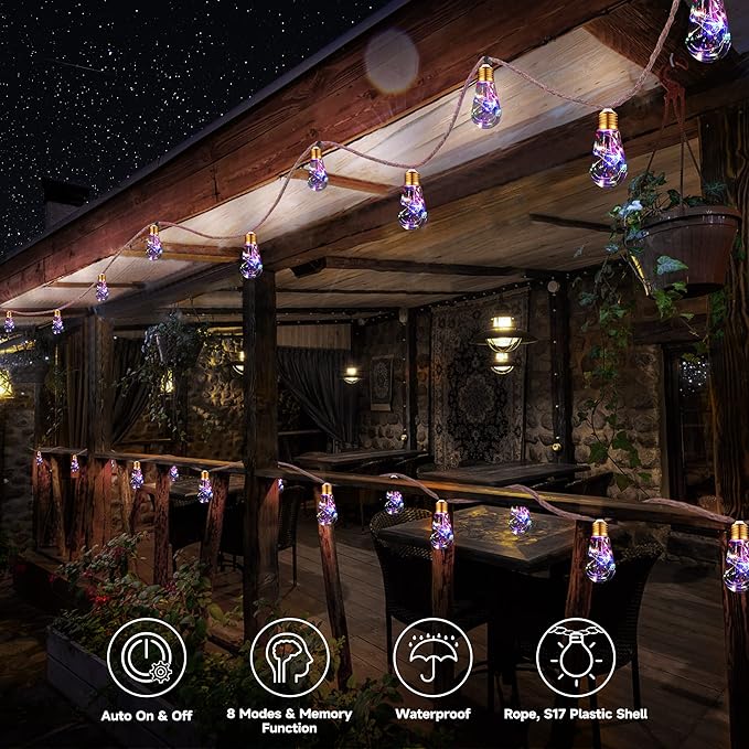 Solar Outdoor String Lights, 2 Pack 20Ft Vintage Rope Hemp Solar Patio Lights - Image 2