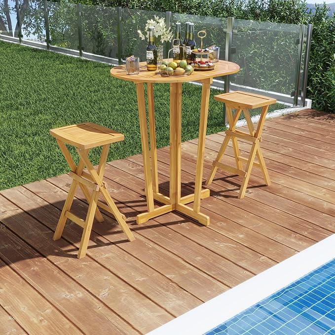 Tangkula Outdoor Teak Wood Bar Table Folding, Patio Bar Height Oval Table - Image 4