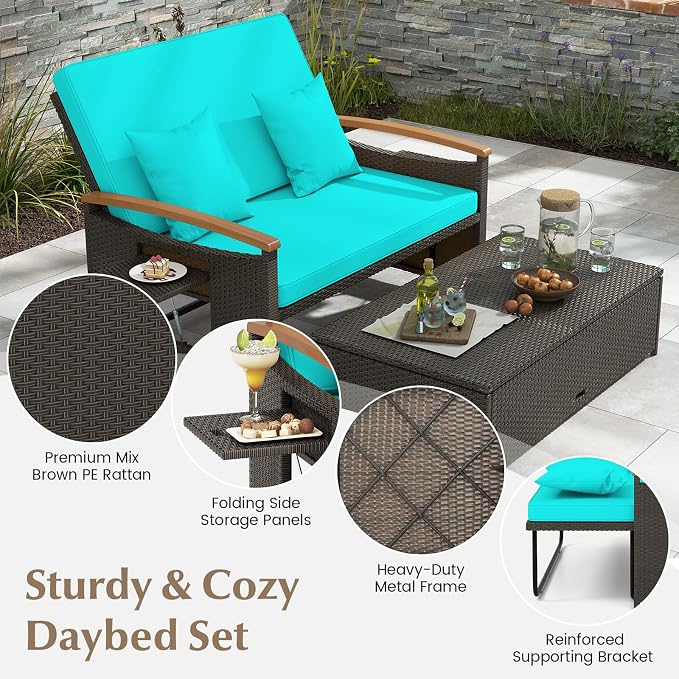 Moccha Outdoor Wicker Daybed, Patio Rattan Loveseat Sofa w/ 4-Level Adjustable - Image 8