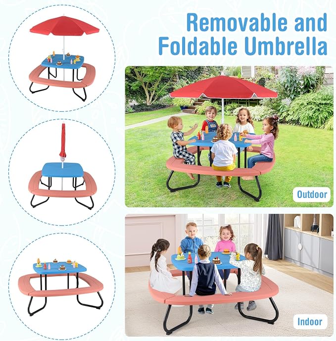 HONEY JOY Kids Picnic Table, 8 Person Toddler Outdoor Table and Chair Set - Image 6