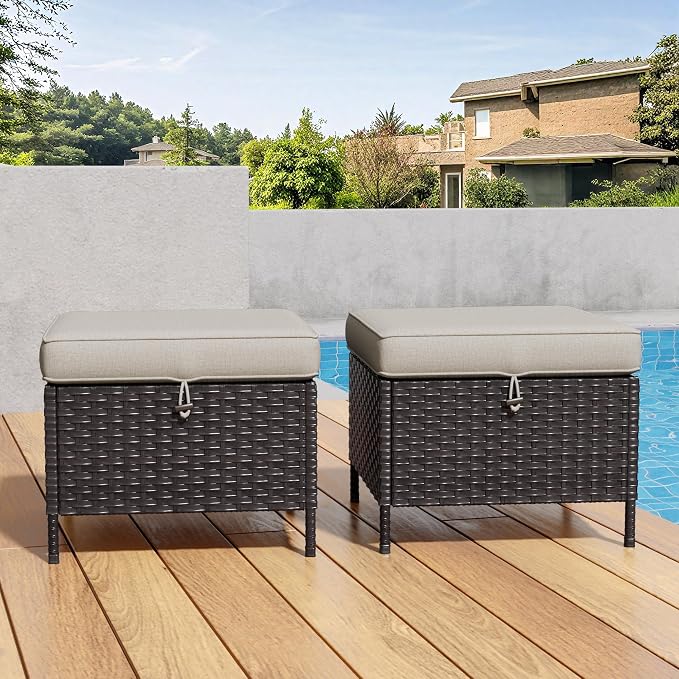Patio Wicker Ottomans with Removable and Washable Covers, PE Rattan Outdoor - Image 2