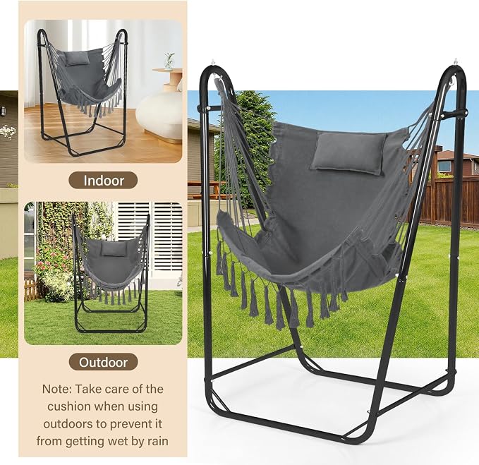 U-Shaped Hammock Chair with Stand, Heavy-Duty and Rustproof Hanging Chair with - Image 6