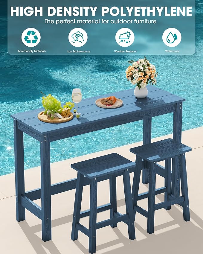 SERWALL 3-Piece Outdoor Bar Set, Rectangular All Weather HDPE Bar Height Patio - Image 6