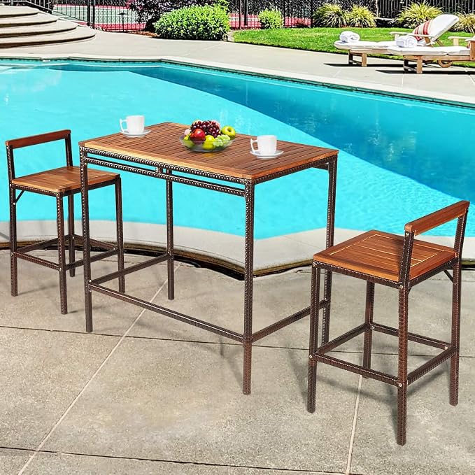 Tangkula 3 Pieces Patio Bar Table Set, Outdoor Rattan Bistro Set - Image 2