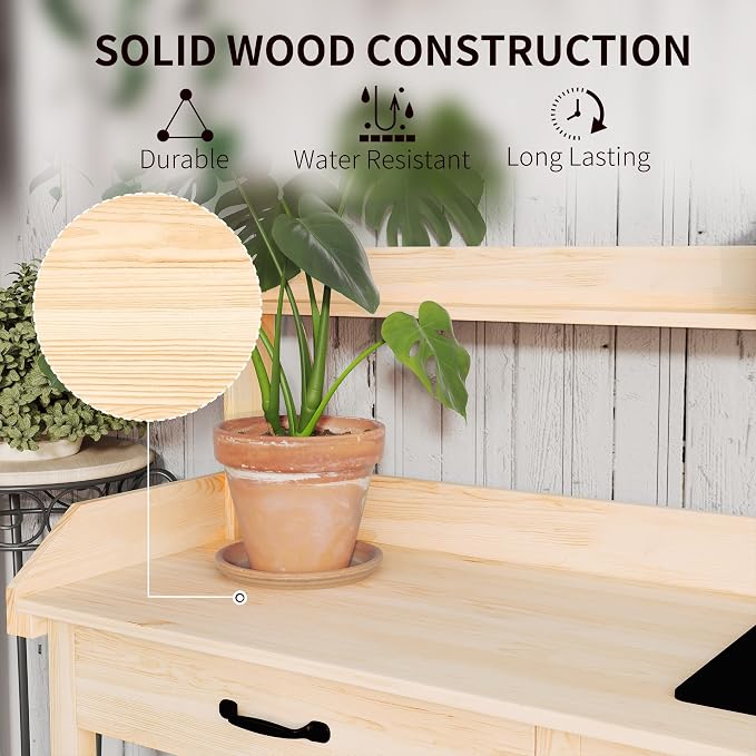 Outsunny Potting Bench Table, Outdoor Garden Table Wooden Work Station - Image 6