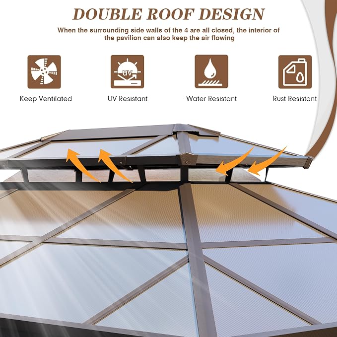 EROMMY 10' x 13' Gazebo Polycarbonate Double Roof Canopy Outdoor Aluminum Frame - Image 4