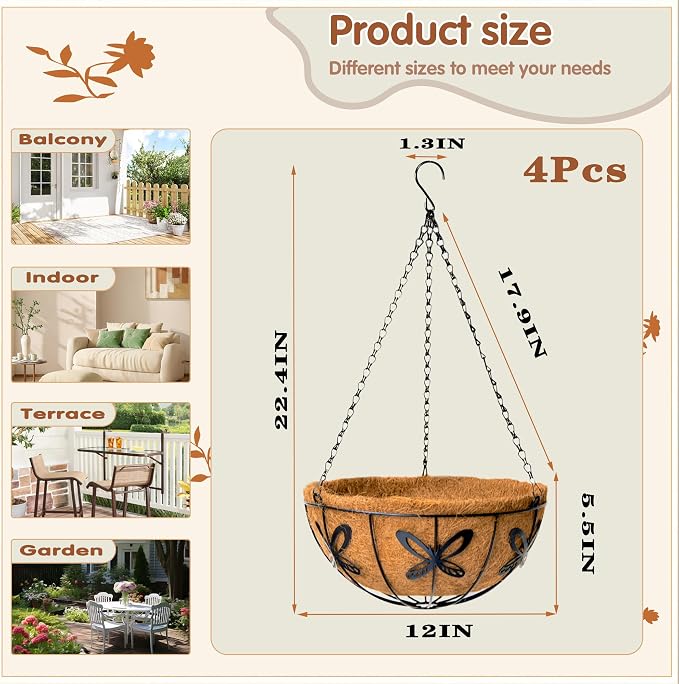 12 inch Metal Hanging Baskets For Plants Outdoor 4 Pack Round Metal Wire - Image 4