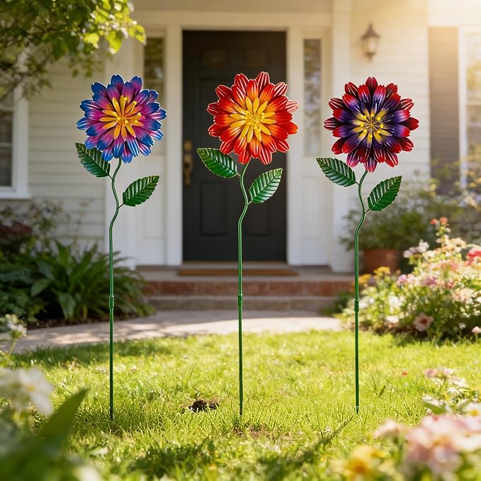 Metal Flowers for Outside, 3 Pack Flowers Decorative Garden Stakes Spring Decor - Image 4