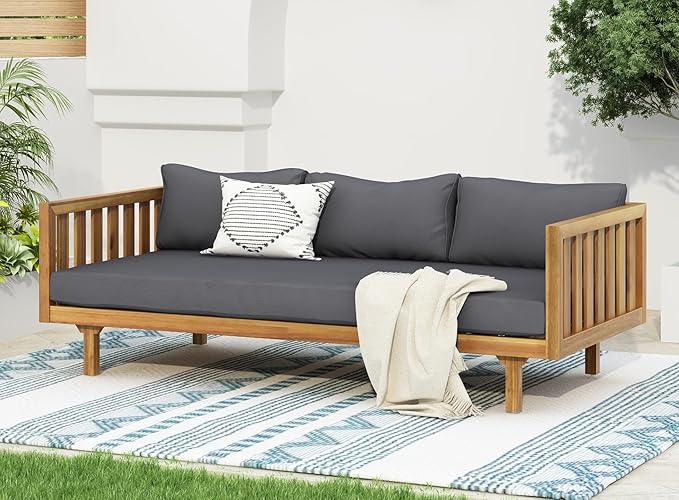 Merax Outdoor 3 Seater Daybed, Acacia Wood Day Bed Couch Sofa - Image 4