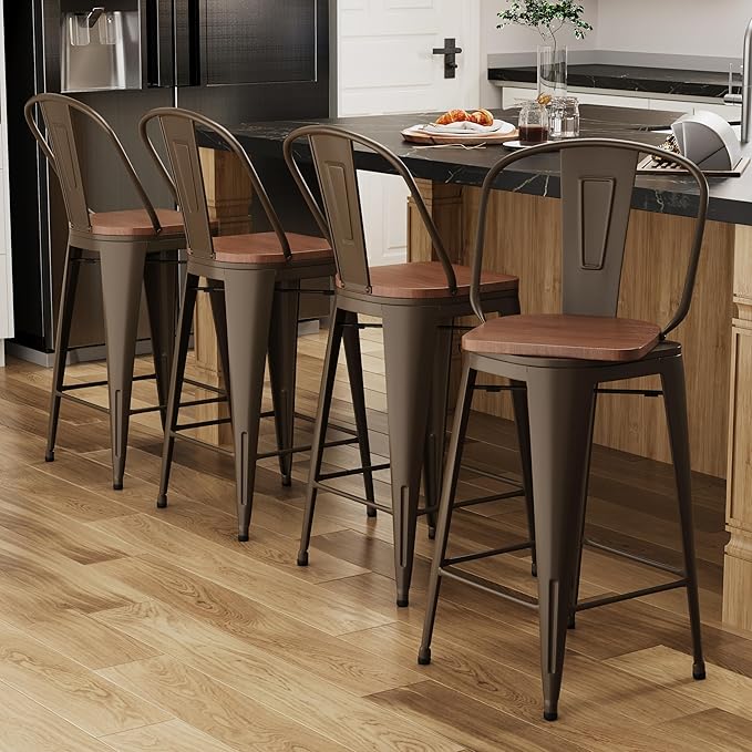 Alunaune 26" Swivel Metal Counter Height Bar Stools Set of 4 High Back by HomeFurniture
