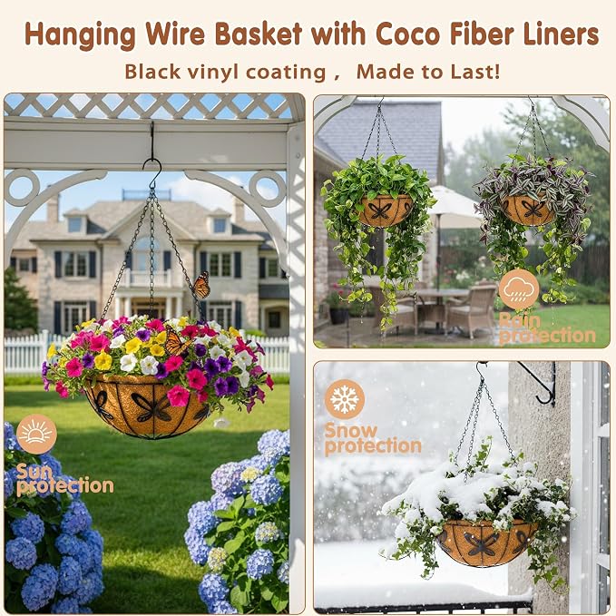 12 inch Metal Hanging Baskets For Plants Outdoor 4 Pack Round Metal Wire - Image 3