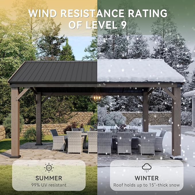 Aoxun 12' x 16' Outdoor Wood Gazebo, Hardtop Gazebo Permanent Wooden Pavilion - Image 4