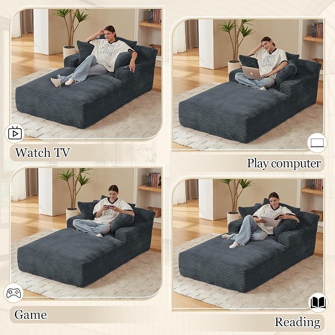 80 Inch Chaise Lounge Chair Indoor, Oversized Corduroy Upholstered Boneless - Image 5