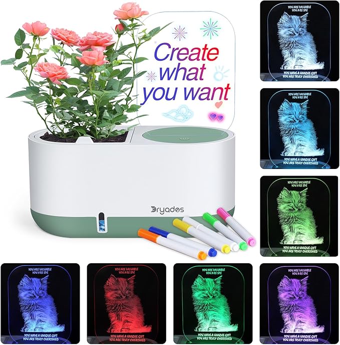 Self-Watering Plant Pot with LED Note Board & 7 Colors Pen Acrylic Message by Dryades
