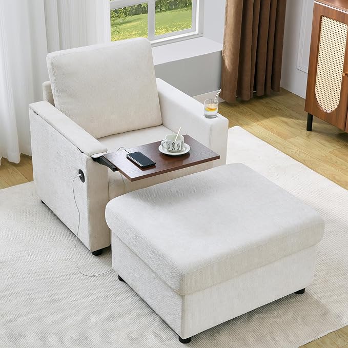 Modern Accent Chairs with Storage Ottoman Set, Comfy Chenille Reading Armchair by ElevyolivFurniture