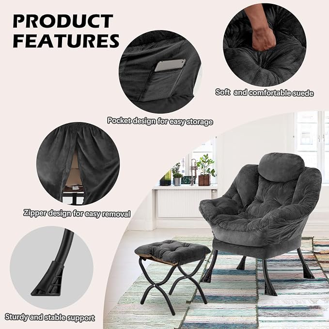Lazy Chair with Folding Ottoman, Leisure Sofa Chair, Soft Fabric Armchair with - Image 5