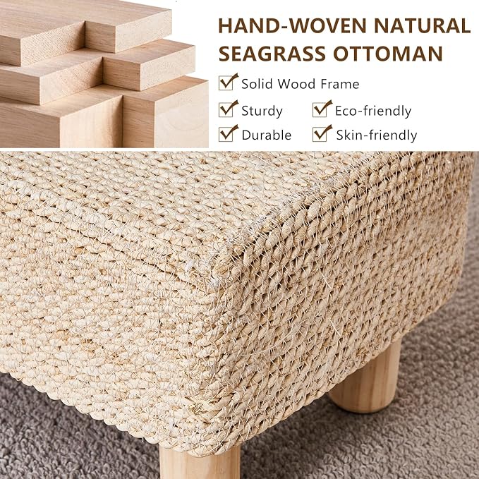 Wimarsbon Natural Seagrass Footstool Ottoman Rectangular Footrest Pouf Ottomans - Image 4
