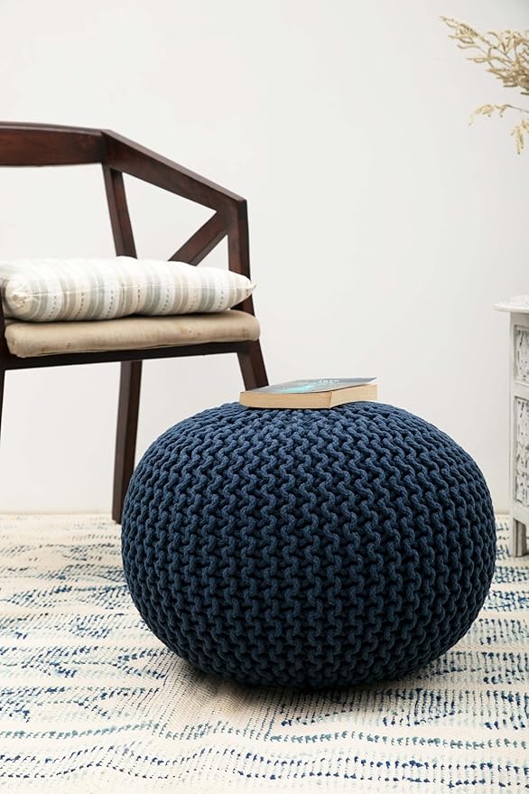 COTTON CRAFT - Hand Knitted Cable Style Dori Pouf - Blue - Floor Ottoman - - Image 8