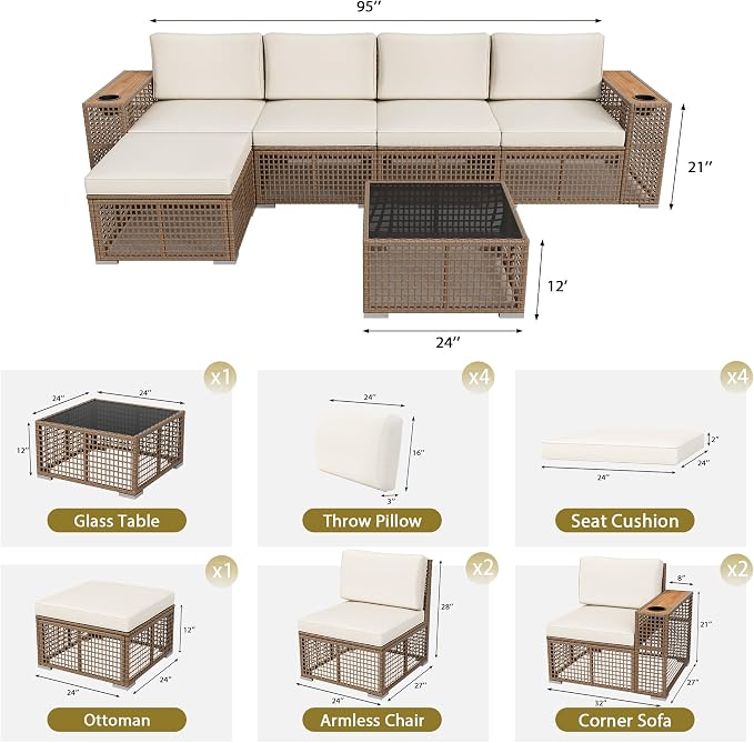 Devoko Patio Furniture Set 6 Piece Outdoor Sectional Sofa Hollow Rattan Patio - Image 7
