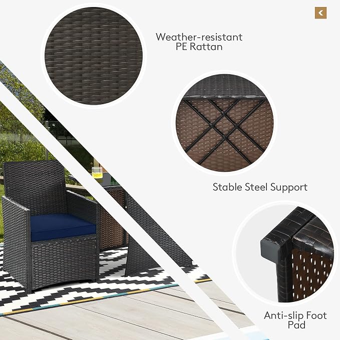 Tangkula 3 Pieces Patio Dining Set, Space-Saving PE Rattan Bistro Set - Image 9
