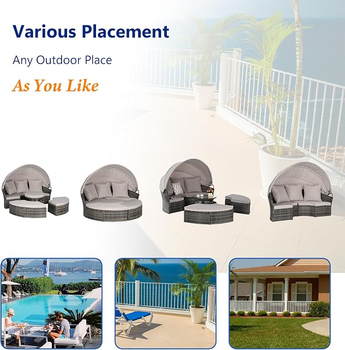 Merax 5 Pieces Outdoor Patio Round Daybed Furniture, All-Weather Wicker - Image 4