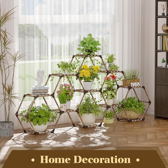 Tikea - Hexagonal Plant Stand Indoor Outdoor Large 11 Tiered Wooden Plant Shelf - Image 2