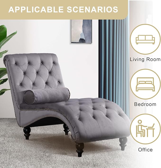 Chaise Lounge Indoor, Velvet Upholstered Lounge Chair Button-Tufted Armless - Image 7