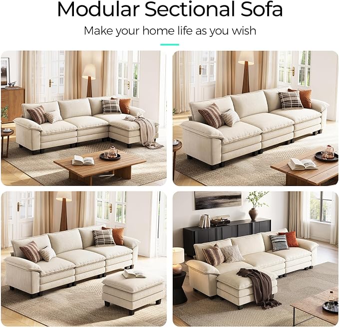 LINSY HOME 123'' Modular Sectional Sofa Beige Couch Corduroy Cloud Couches - Image 6