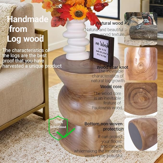 Athaliah Wooden Side Table, Hand Carved Rustic Wood Tree Stump End Table - Image 7