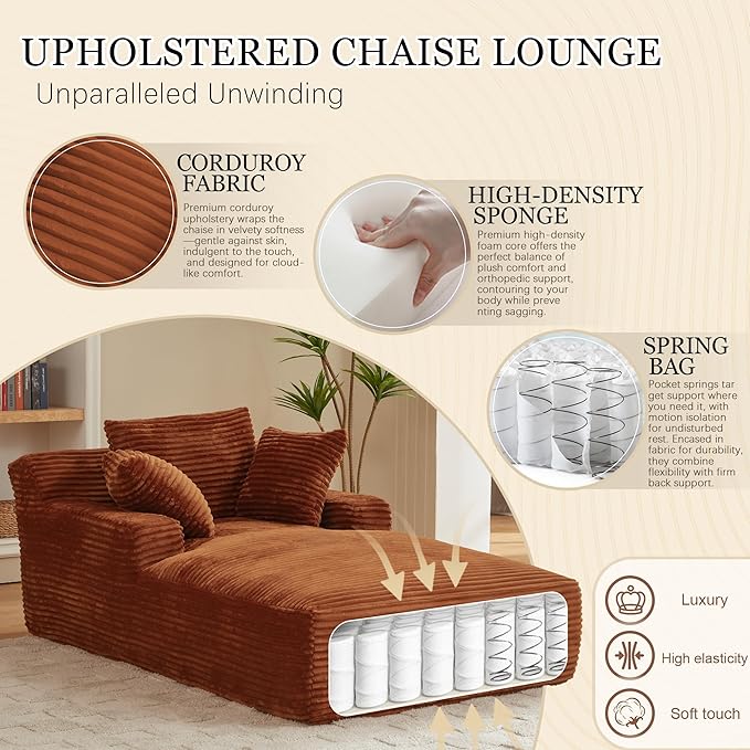 80 Inch Chaise Lounge Chair Indoor, Oversized Corduroy Upholstered Boneless - Image 3
