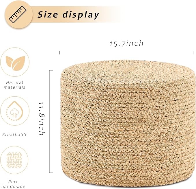 Handwoven Seagrass Ottoman Pouf, Round Outdoor Footstool - Image 3