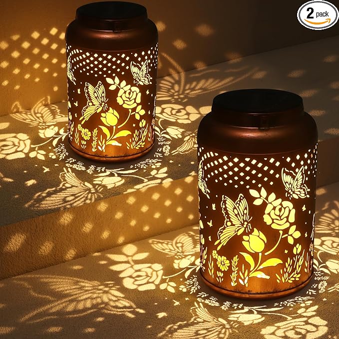 2 Pack Solar Lanterns Outdoor Waterproof, Butterfly Rose Garden Decor Birthday by Tepaken