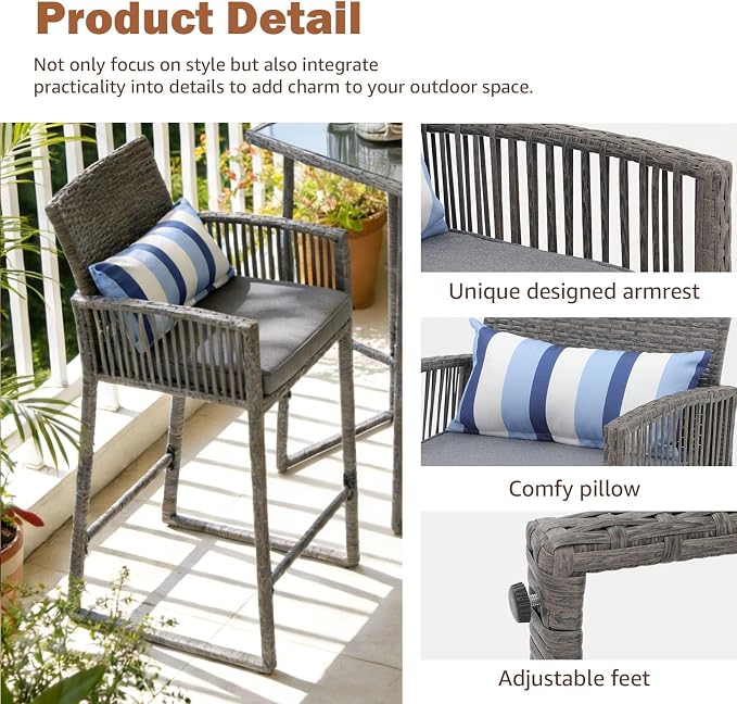 SUNSITT 3-Piece Outdoor Wicker Bar Height Table Set, 2 Bar Stools and 1 Pub - Image 3
