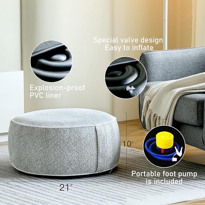 Inflatable Pouf Ottoman, 21x10 Inches Stuffed Chenille Ottoman - Image 4