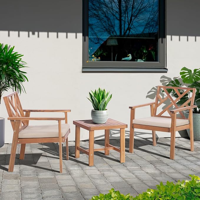 3 Piece Outdoor Patio Furniture Set, Wooden Conversation Patio Set - Image 7