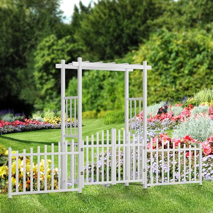 VINGLI Garden Arbor with Gate and Fence, PVC Wedding Arch by VINGLI