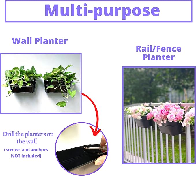 LaLaGreen Outdoor Rail Planter Black Metal Iron Hanging Flower Pots Deck - Image 4