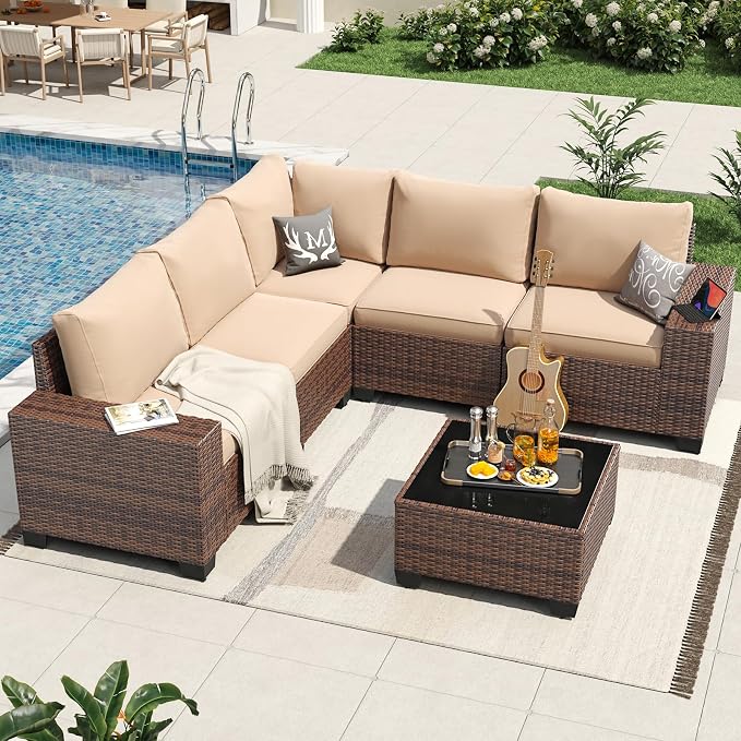 Aoxun 6 Pieces Patio Furniture Set Wicker Rattan Outdoor Sectional Conversation by Aoxun